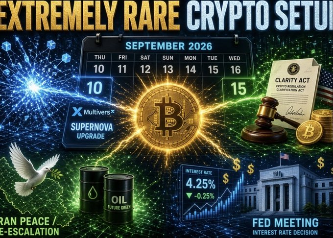 A promotional graphic titled 'EXTREMELY RARE CRYPTO SETUP' featuring a September 2026 calendar with events including MultiversX Supernova Upgrade on Sept 10, Clarity Act (Crypto Regulation) on Sept 15, Fed Meeting interest rate decision at 4.25% (-0.25%), along with imagery of Bitcoin, a dove, oil barrels, and the US Treasury building.
