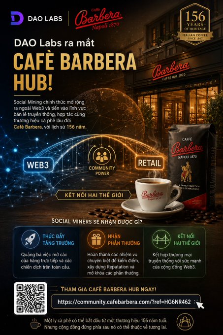 A promotional poster in Vietnamese announcing DAO Labs' launch of 'CAFÉ BARBERA HUB', featuring a 156-year heritage Italian coffee brand with Web3 community power and retail connection themes.