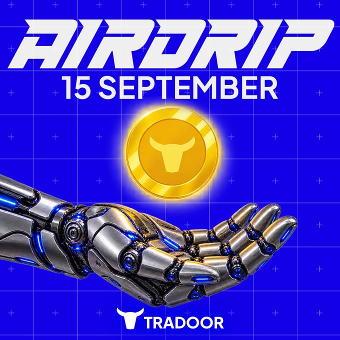 A vibrant blue promotional poster announcing 'AIRDROP 15 SEPTEMBER' for the 'TRADOOR' cryptocurrency project, featuring a robotic hand holding a glowing gold token with a bull symbol.