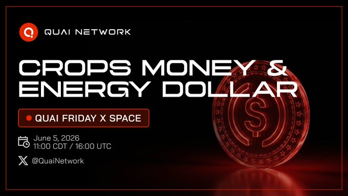 The image features a poster for an event called "Crops Money & Energy Dollar" that takes place at Quai Network on June 5, 2016. The poster includes a red circle with a dollar sign inside of it, which is the main focus of the image. The text in the image reads "CROPS MONEY & ENERGY Dollar", indicating the theme of the event. The poster also mentions that there will be a QFRIDAY X SPACES presentation and an announcement about L1 scaling and native L1 scaling, which are related to the event's topic.