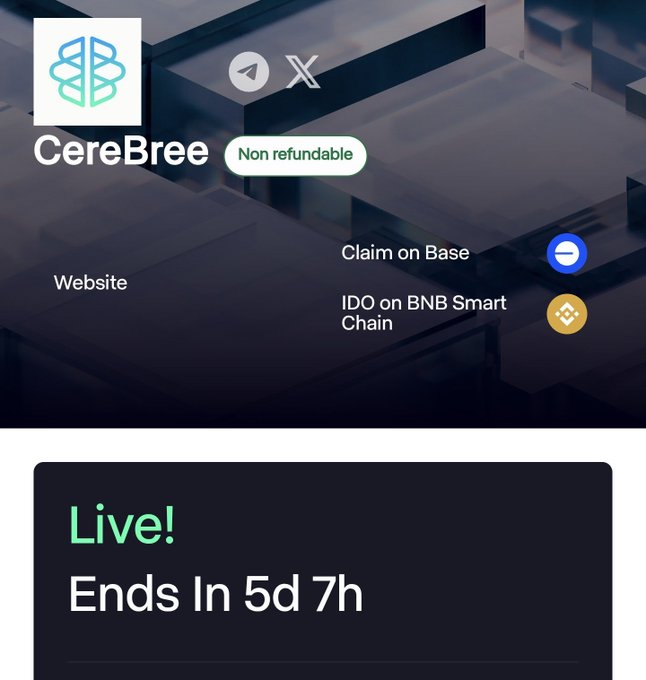 A promotional graphic for the CereBree token sale, marked "Non refundable" and "Live! Ends in 5d 7h," highlighting that users can claim on Base and participate in the IDO on BNB Smart Chain. The image aligns with the post announcing CereBree's upcoming listing, with the 5-day countdown matching the "Last 5 days and the alpha will be listed" message.