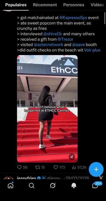 A Twitter/X post by @jessyfries dated 29/03/2026 describes attending the ETHCC Cannes event, matchchaining with @EspressoSys, visiting the @aztecnetwork and @aave booths, and receiving an outfit from @Trezor, featuring a video of a person walking up red carpeted stairs at ETHCC Cannes.