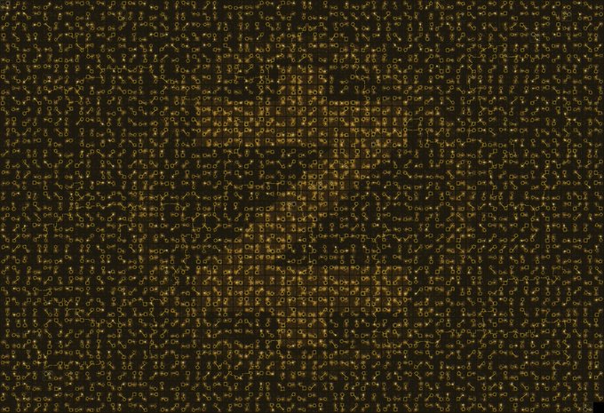 An abstract digital image featuring a dense pattern of small, glowing yellow-green characters or symbols arranged in a grid against a dark background.