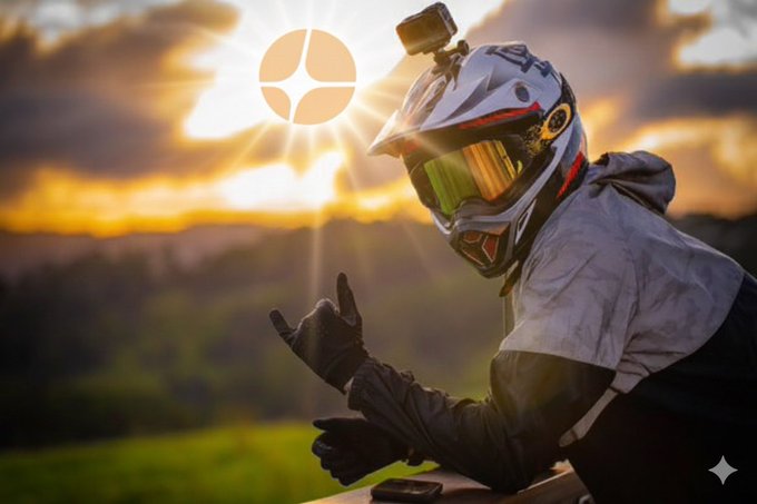A person wearing a motocross helmet with reflective goggles and a mounted camera, making a hand sign against a backdrop of a bright sunset.
