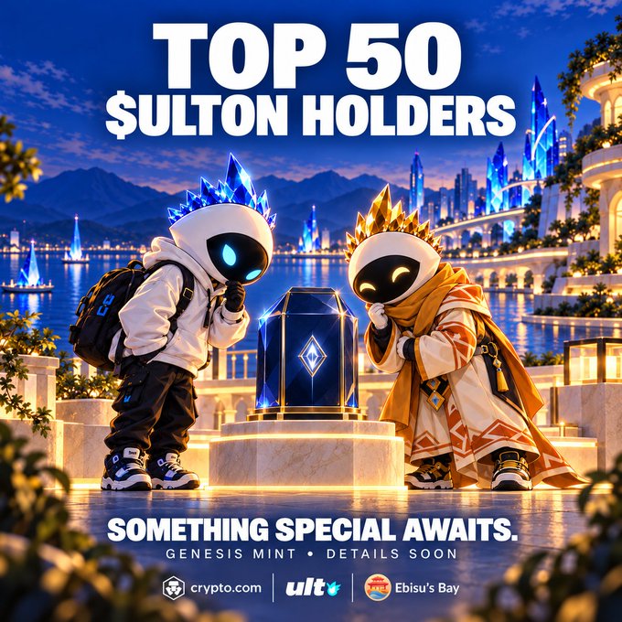 A promotional graphic titled 'TOP 50 $ULTON HOLDERS' featuring two crowned robot characters examining a glowing blue gem, with the tagline 'SOMETHING SPECIAL AWAITS' and crypto.com, ult, and Ebisu's Bay logos.