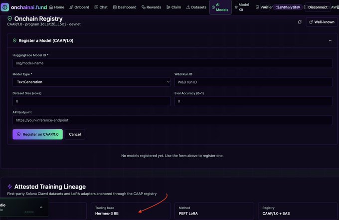 The Onchain.fund Onchain Registry interface displaying a model registration form for CAAP1.0 with fields for HuggingFace Model ID, Model Type, and API Endpoint, showing an Attested Training Lineage section below.