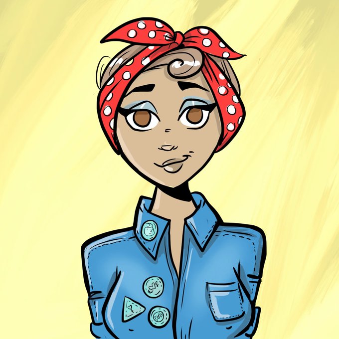 A digital illustration of a stylized woman with a red polka-dot headband and a blue denim shirt adorned with various pins, set against a yellow background.