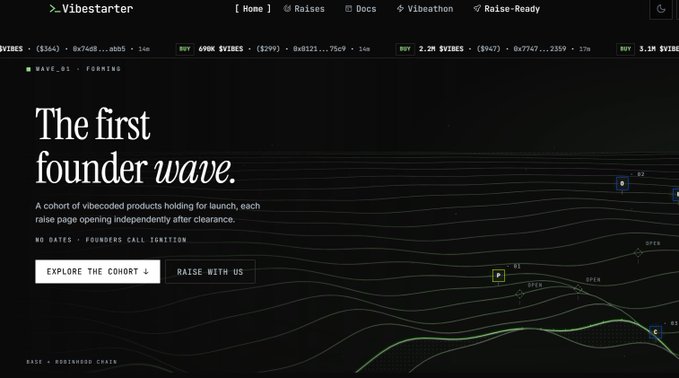 A website screenshot for 'Vibestarter' featuring the headline 'The first founder wave' with descriptions about vibecoded products raising independently after clearance, with an 'EXPLORE THE COHORT' button.
