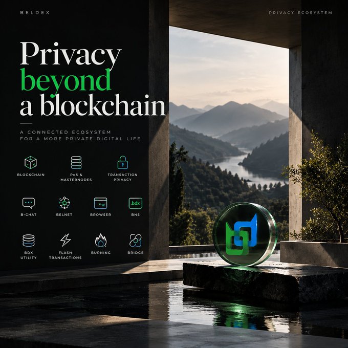 An advertisement for BELDEX displays the headline 'Privacy beyond a blockchain' with the subtitle 'A CONNECTED ECOSYSTEM FOR A MORE PRIVATE DIGITAL LIFE,' alongside icons representing features like blockchain, PoS & masternodes, transaction privacy, B-Chat, BelNet, Browser, BNS, BDX utility, flash transactions, burning, and bridge, set against a serene mountain landscape with a glowing token icon.