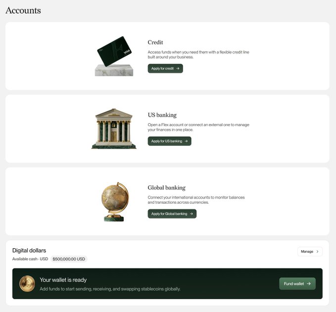 The "Accounts" page displays options for Credit, US banking, and Global banking applications, along with a Digital dollars section showing "$500,000,000 USD" available cash and a "Your wallet is ready" message. The image relates to the post by showcasing the upcoming stablecoin experience interface, highlighting the ready-to-use wallet feature for stablecoin transactions.