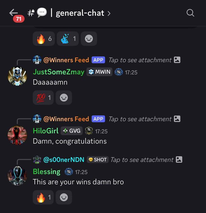 A Discord chat screenshot from the #general-chat channel shows users reacting to a win posted by @Winners Feed, with @s00nerNDN commenting "This are your wins damn bro" and other users like JustSomeZmay and HiloGirl congratulating, illustrating the real-time community reaction to a $40k MetaWin payout.