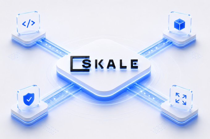 A stylized 3D graphic with a central white platform displaying the text 'CSKALE', connected by glowing blue pathways to four corner cubes featuring code, box, shield, and expand icons.