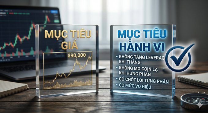 Two acrylic signs on a desk, one reading "MỤC TIÊU GIÁ $90,000" with a chart, the other "MỤC TIÊU HÀNH VI" listing trading rules in Vietnamese, alongside a laptop showing market data.