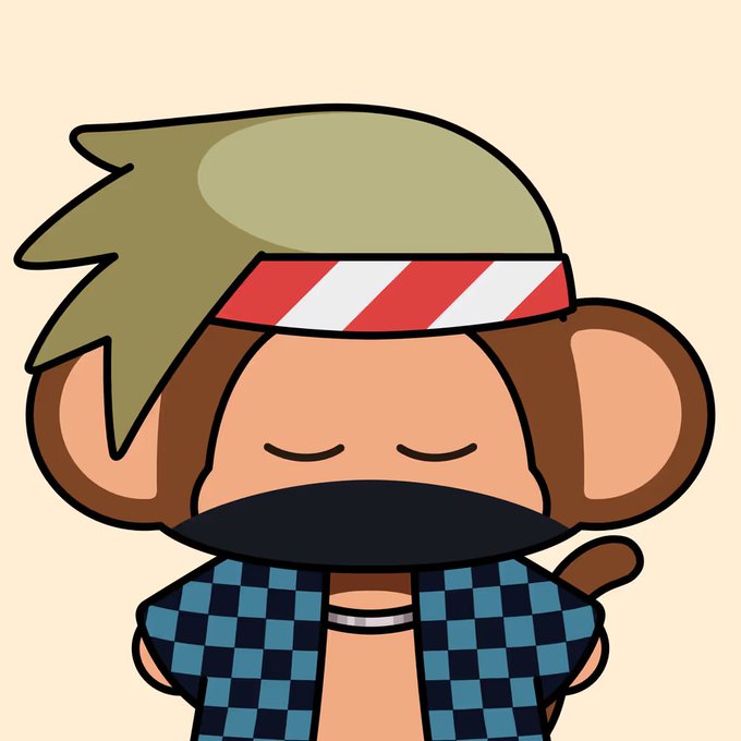 A cartoon illustration of a monkey-like character with closed eyes, green spiky hair, a red and white striped headband, a black face mask, and a blue and black checkered shirt.