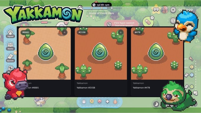 A pixel-art style video game screen titled 'YAKKAMON' showing three Yakkamon creatures (#6681, #2158, #478) with cactus backgrounds, surrounded by UI elements and character sprites.