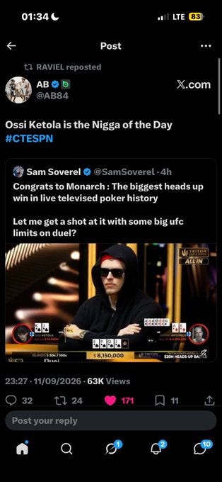 A screenshot of an X (formerly Twitter) post from "AB @ABB4" featuring a reposted tweet from "Sam Soverel" about a poker win, with the caption "Ossi Ketola is the Nigga of the Day #CTESPN" and showing a man in sunglasses at a poker table.