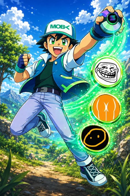 In the image, a male character dressed as Pokémon with a blue cap, green jacket, pants, and blue shoes is seen holding a Pokemon Ball and jumping. The scene appears to be set outdoors surrounded by trees and mountains, giving an impression of a natural environment. The accompanying text in the post identifies the main Pokémon character, which is MOB4, as the one who is currently chasing another Pokémon named Pikachu. It also mentions that MOB4 has his hands up and is jumping into the air to catch Pikachu on this particular run.