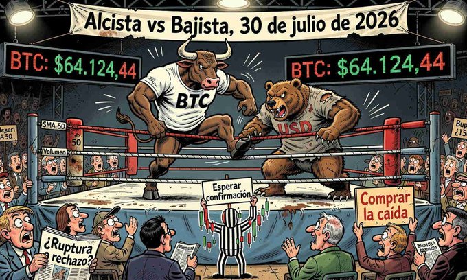 A cartoon illustration depicting a boxing match titled 'Alcista vs Bajista, 30 de julio de 2026' between a bull wearing a 'BTC' shirt and a bear wearing a 'USD' shirt, with BTC price displayed as $64,124,44 and Spanish signs reading 'Esperar confirmación,' 'Comprar la caída,' and '¿Ruptura o rechazo?'.