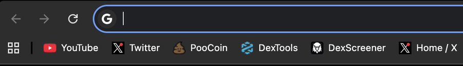 A web browser's address bar with a Google search prompt is shown, with bookmarks for YouTube, Twitter (X), PooCoin, DexTools, DexScreener, and Home/X visible below.