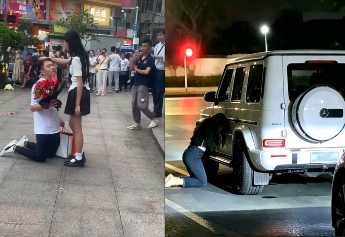 A split image showing on the left a man kneeling to propose with a red rose bouquet to a woman in a school uniform in a busy street setting, and on the right a woman kneeling inside a Mercedes G-Wagon next to the car at night.