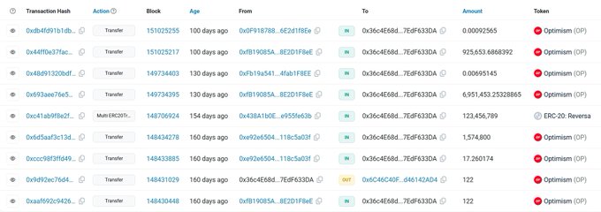 A table displaying Optimism (OP) blockchain transactions, showing multiple transfers of varying amounts including a large 925,553.6868392 OP transaction.