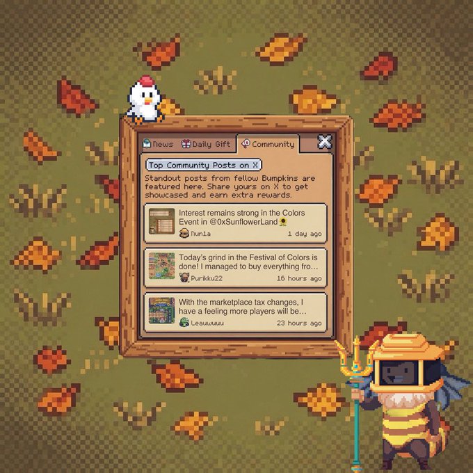 A pixel-art game interface showing a 'Top Community Posts on X' window from a Festival of Colors event, featuring posts from hunla, Purkku22, and Leauuuuu, with a chicken and a bee character in a honey costume in the corners.