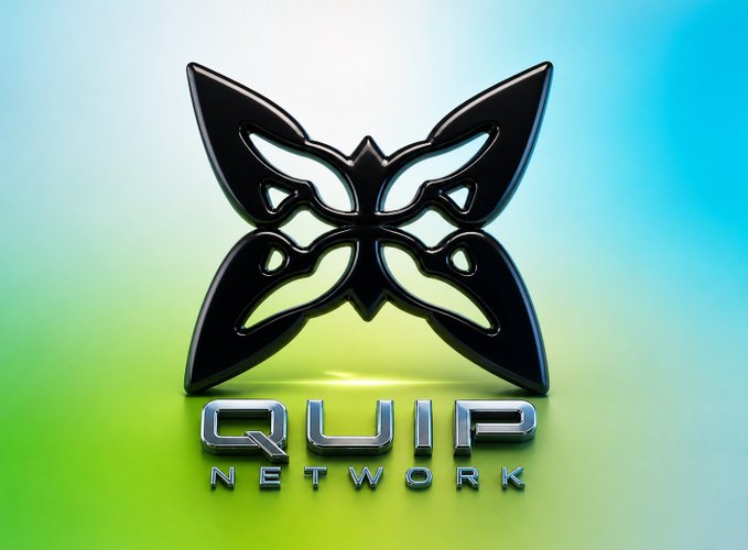 The image features a logo for Quip Network, which is a company focused on creating a new era of Web3 technology. The logo consists of a butterfly with black wings against a green background. Below the butterfly, there's text that reads "quip network". This design choice suggests that the company is aiming to create an eye-catching and memorable logo for their brand.