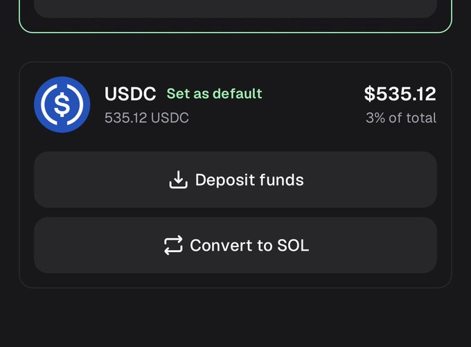 A cryptocurrency wallet interface shows a USDC balance of $535.12 (3% of total holdings), marked as the default asset, with options to deposit funds or convert to SOL. The image doesn't relate to the post about "5 sol into one coin," as it displays USDC holdings rather than a specific altcoin investment.