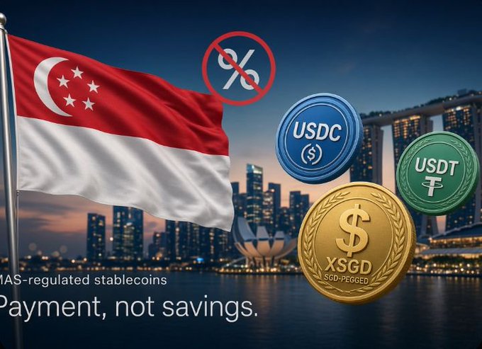 An image showing the Singapore flag with stablecoins (USDC, USDT, XSGD) and a no-interest symbol, captioned 'MAS-regulated stablecoins — Payment, not savings.'