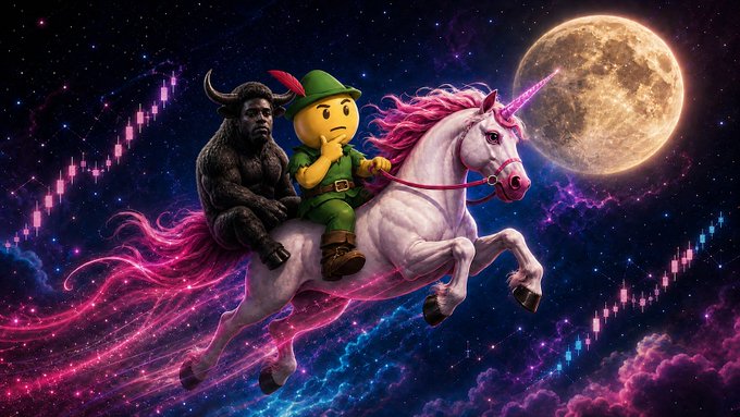 A surreal digital artwork depicting a green-clad character riding a white unicorn alongside a gorilla through a vibrant starry space, with a large moon and stock chart candles in the background.