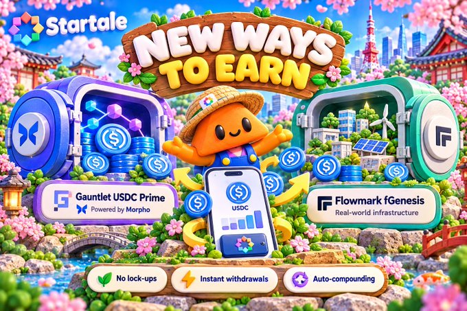 A vibrant promotional banner for 'Startale' featuring a cartoon mascot with a 'NEW WAYS TO EARN' headline, advertising 'Gauntlet USDC Prime' powered by Morpho and 'Flowmark fGenesis' for real-world infrastructure, highlighting no lock-ups, instant withdrawals, and auto-compounding.