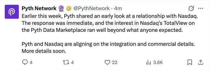 A tweet from Pyth Network (@PythNetwork) announcing an upcoming integration and commercial alignment with Nasdaq, following interest in Nasdaq's TotalView on the Pyth Data Marketplace.
