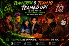 A promotional graphic featuring the text 'TEAM CREW & TEAM IQ TEAMED UP. TO TAKE OVER THE META BY STRESS COMBINING OUR WISDOMS & OUR IQS' and 'TOGETHER, WE DOMINATE. TOGETHER, WE WIN.' alongside cartoon characters numbered 8 and 10.