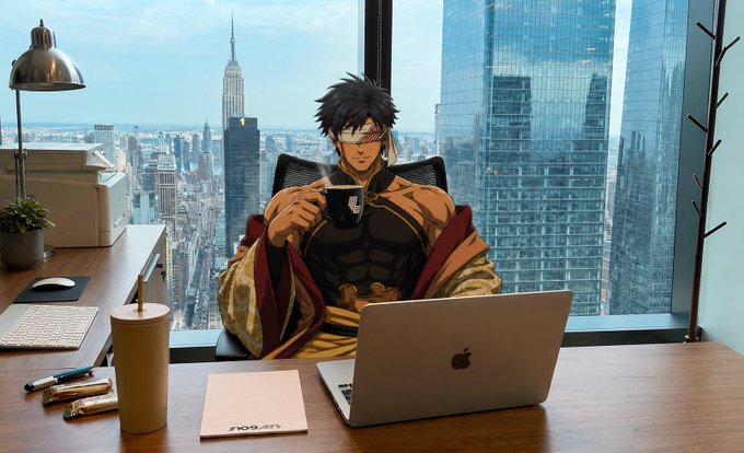 An anime-style illustration of a scarred warrior character with spiky black hair wearing an orange robe, sitting at a modern desk with a MacBook and sipping coffee, with a city skyline including the Empire State Building visible through the window behind him.