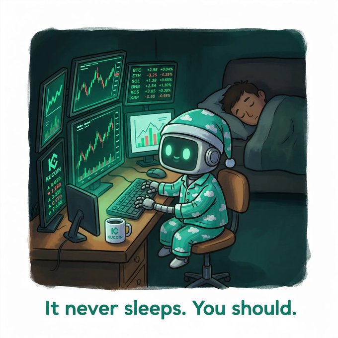 A cute robot in pajamas trades cryptocurrencies 24/7 on multiple KuCoin-branded screens (showing tickers like BTC, ETH, SOL, BNB, KCS, and XRP with percentage changes) while its human sleeps peacefully in bed, illustrating the caption "It never sleeps. You should."—perfectly capturing the post's message about automated trading bots working tirelessly so traders don't have to.