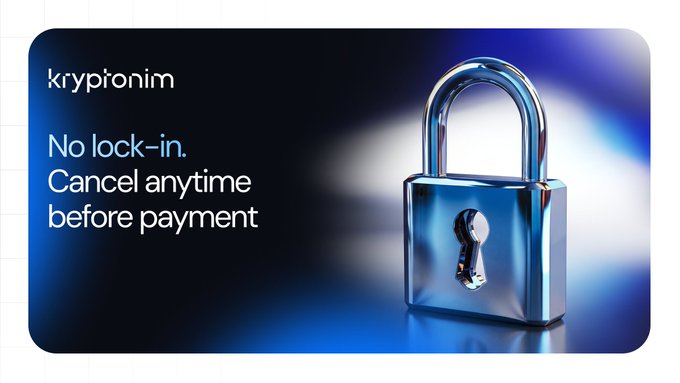 A dark blue promotional graphic for "kryptonim" features a large silver padlock and the text "No lock-in. Cancel anytime before payment," reinforcing the post's message about the platform's flexible, commitment-free transaction cancellation policy.