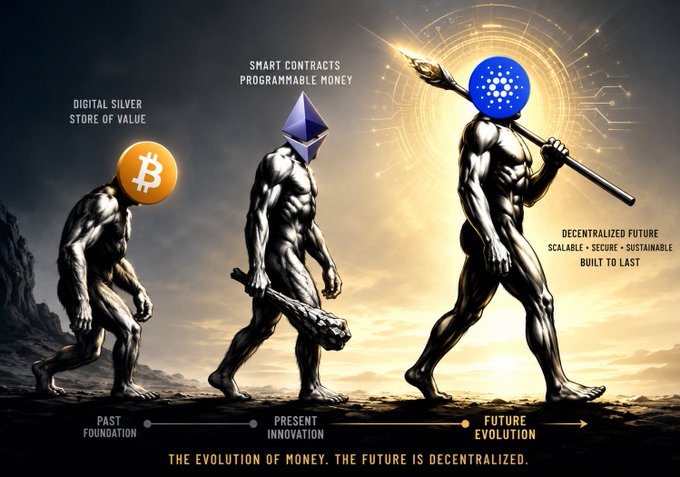 This image depicts the evolution of money, showing a Bitcoin "ape" as the past foundation, an Ethereum "ethereal" figure representing present innovation, and a Cardano "legend" symbolizing the decentralized future. The text highlights Bitcoin as "Digital Silver Store of Value," Ethereum as "Smart Contracts Programmable Money," and Cardano as "Decentralized Future Scalable • Secure • Sustainable • Built to Last."