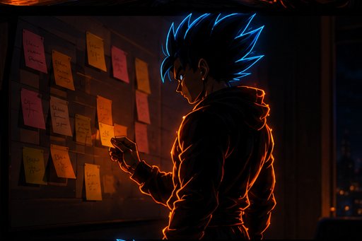 An anime-style illustration depicts a character with spiky blue hair standing in profile, looking at notes pinned to a board, outlined in neon blue and orange glow.