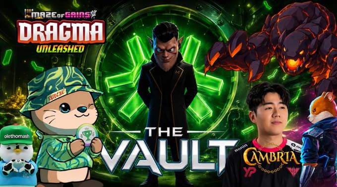 Promotional artwork for "Maze of Gains: DRAGMA UNLEASHED" featuring a central character, mascot characters, and a person labeled "AMBRIJA," with "THE VAULT" text.