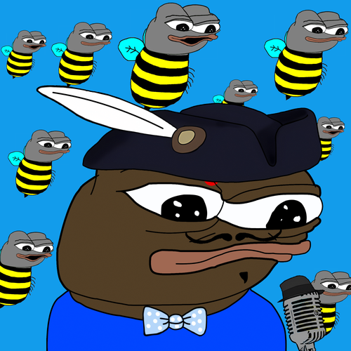 A cartoon illustration features a brown character wearing a blue shirt and bowtie surrounded by multiple cartoon bees on a blue background.