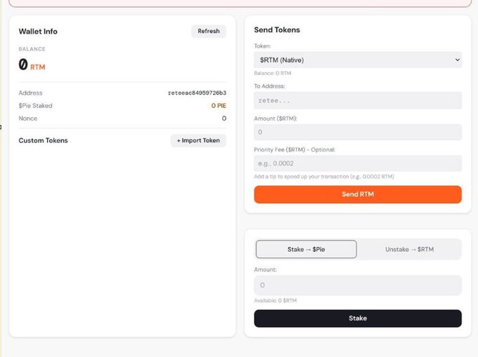 The image shows a cryptocurrency wallet interface for Retium ($RTM) displaying a wallet balance of 0 RTM at address "reteeeac84d59726b3," a token sending form, and a staking section for converting $PIE to $RTM, which appears to be related to the Retium blockchain testnet mentioned in the post about their new Layer-1 architecture and airdrop opportunity.