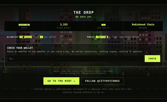 The image shows a preview of "The Drop" project page with a price of 0.0449 ETH, a fixed supply of 3,333, max 4 per transaction on the Robinhood Chain, featuring a wallet checker where users can paste an address to verify claim eligibility. The page confirms the project is still being finalized, aligning with the post about finishing the website and providing wallet checking functionality for the upcoming NFT mint.