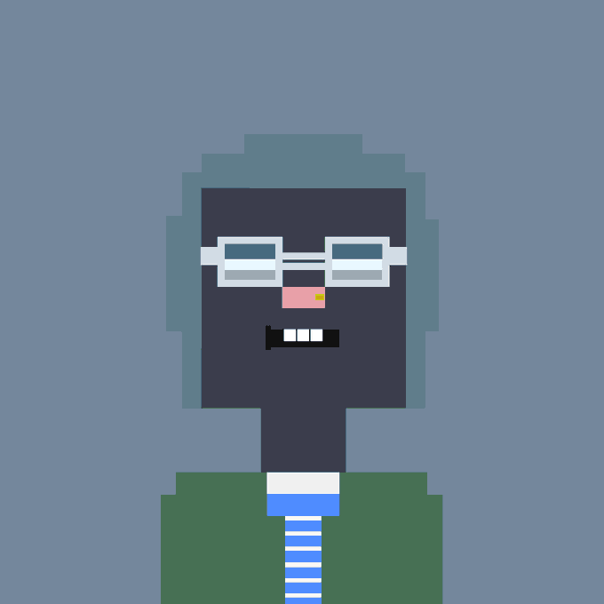 A pixel art illustration of a character with dark blue skin, teal hair, white rectangular glasses, a small mustache, and green clothing against a blue background.