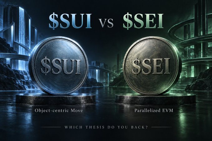 A graphic titled '$SUI vs $SEI' comparing the two cryptocurrencies, with text reading 'Object-centric Move' under SUI and 'Parallelized EVM' under SEI, asking 'WHICH THESIS DO YOU BACK?'.