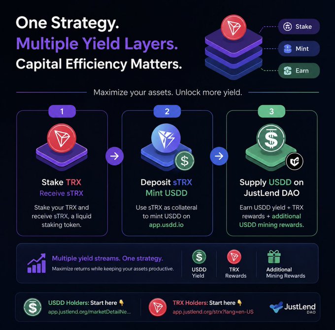 A promotional infographic by JustLend DAO outlines a three-step DeFi yield strategy: stake TRX to receive sTRX, deposit sTRX to mint USDD via app.usdd.io, then supply USDD on JustLend DAO to earn USDD yield, TRX rewards, and additional mining rewards—illustrating how a single asset can be leveraged across multiple yield layers for maximum capital efficiency.