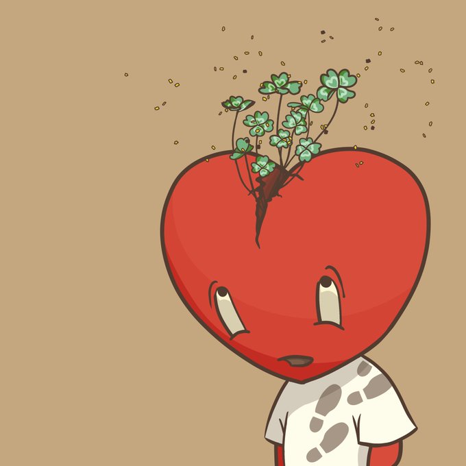 An illustration of a red heart-shaped character with a hole in its head from which green clover plants are growing, set against a tan background.