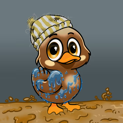 A cartoon illustration of a brown duck character wearing a green and white striped beanie, standing in mud with blue slime dripping from its wing.