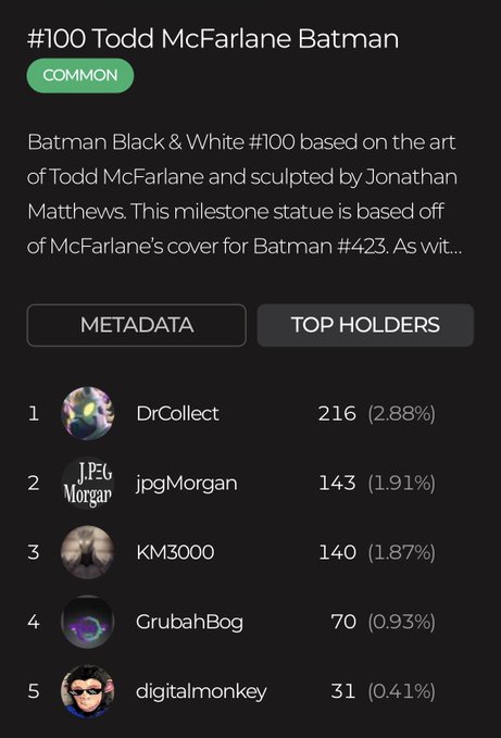 A digital collectibles listing for the "COMMON" Todd McFarlane Batman #100 statue shows the top 5 holders: DrCollect (216), jpgMorgan (143), KM3000 (140), GrubahBog (70), and digitalmonkey (31), representing the first officially licensed blockchain digital collectible.