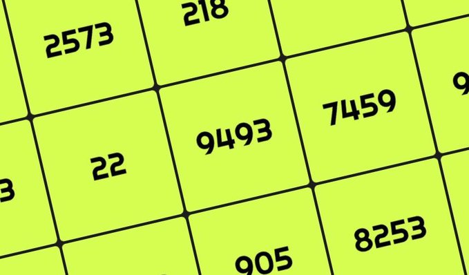 A bright yellow-green grid displays various numbers (2573, 218, 9493, 7459, 22, 905, 8253, and partial digits) in bold black text, fitting the theme of @NumbersOnRobin's giveaway promotion where followers are encouraged to drop their wallet addresses in the comments for a chance to win.