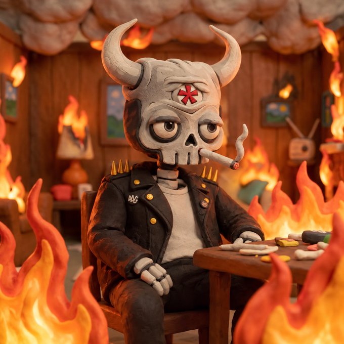 A stylized 3D-rendered character with a horned skull head, smoking a cigarette and wearing a spiked leather jacket, sits surrounded by flames in a dimly lit room.